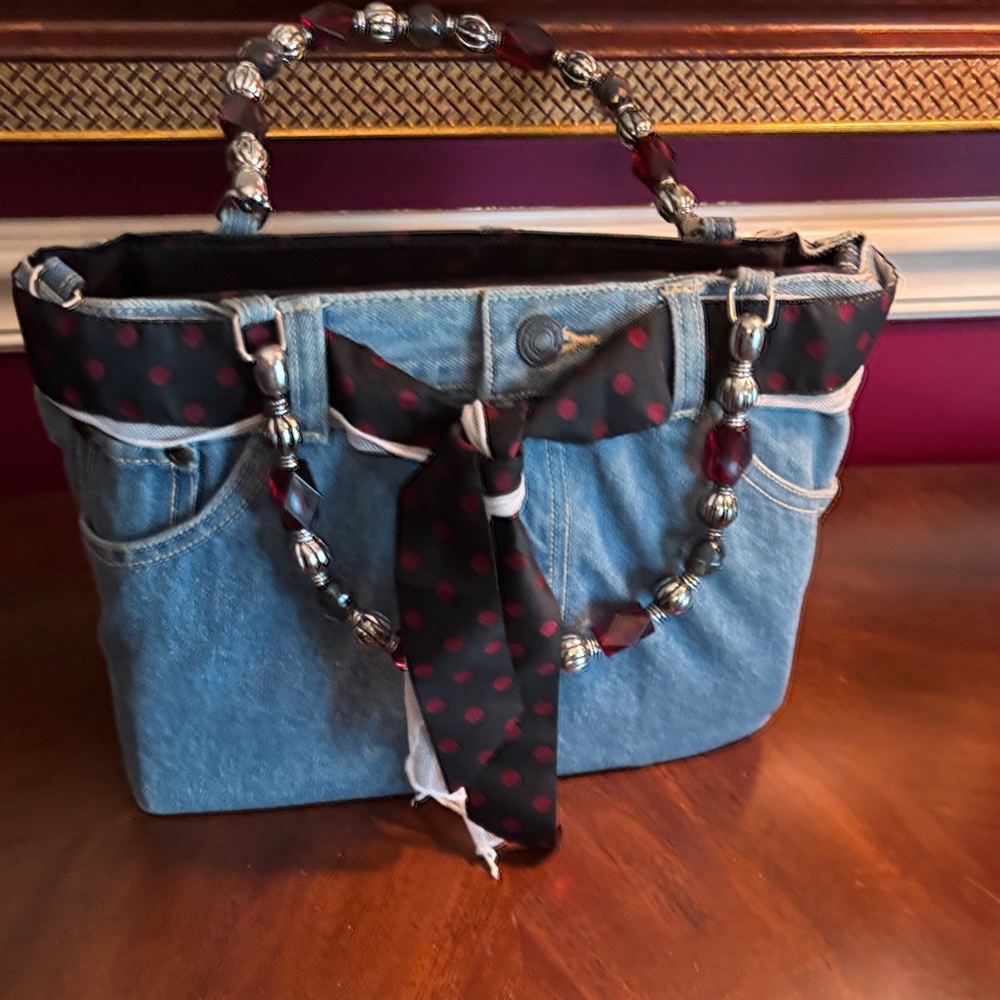 ABI Denim Tote with Polka Dot Scarf and Beaded Handles
